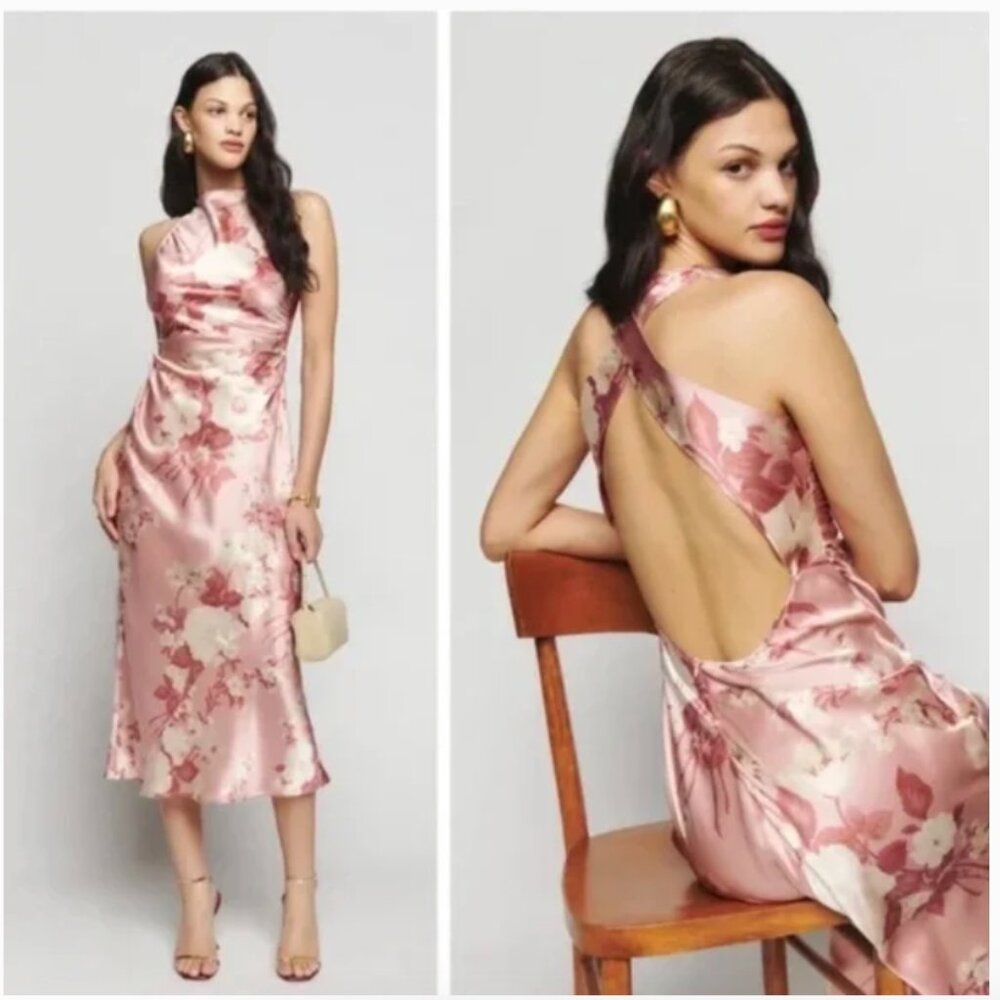 Reformation casette midi silk dress bellini pink floral - size 6 - without tags